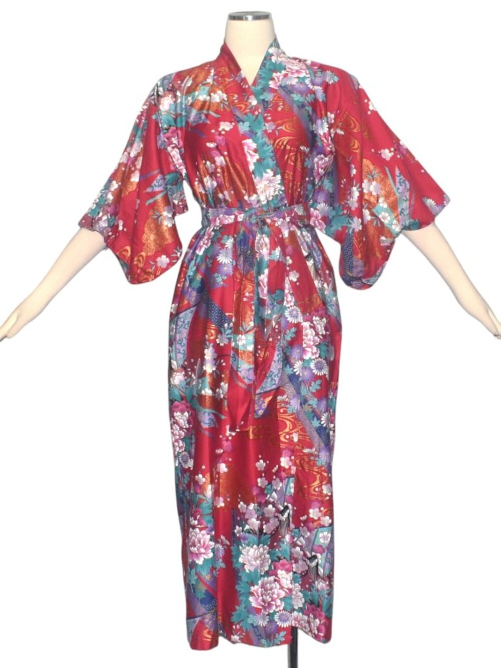 Vintage Made in Japan Red Floral Cotton Kimono Robe Gold Metallic Yukata OS